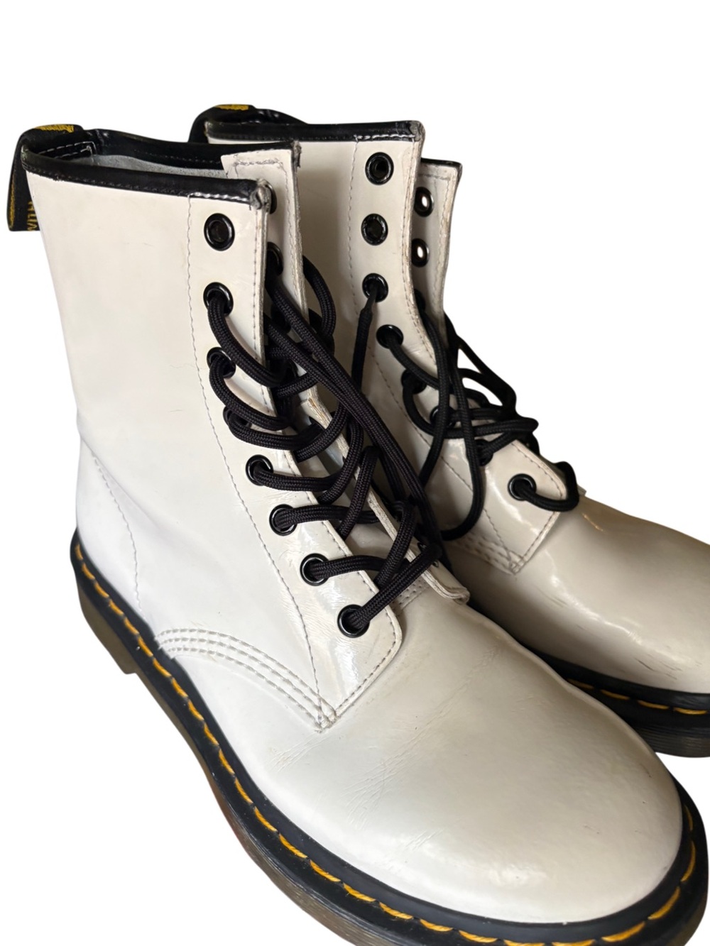 Dr. Martens White Patent Combat Boots with Black Laces